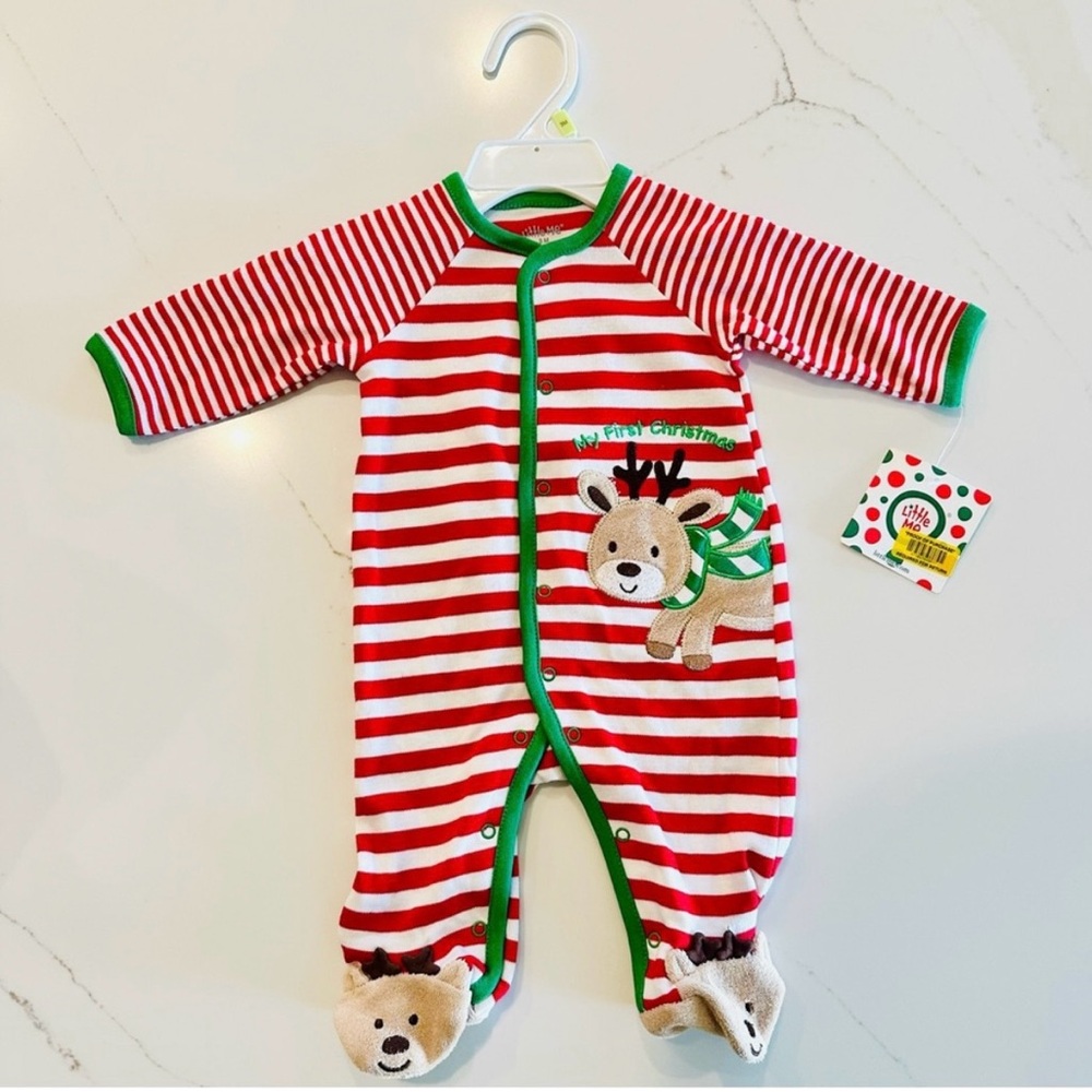 NEW Little Me Red and White Striped My First Christmas Reindeer Footie Sz 3 mo